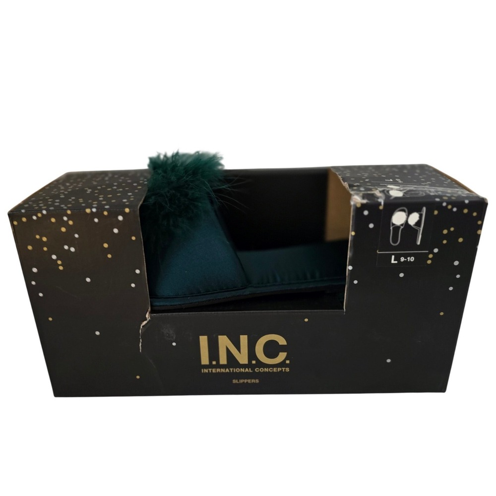INC International Concepts Dark Forest Green Feather Pom Pom Slippers Large 9-10